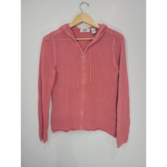 Old Navy Outlet Tops - Womens Large Coral Pink Open Knit Full Zip Cotton Hoodie Sweater Old Navy